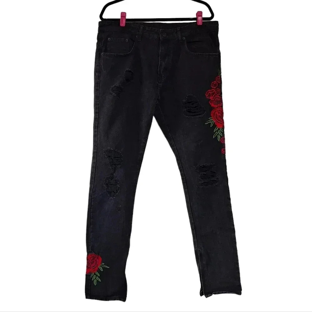 Young & Reckless Black Distressed Jeans with Roses 36